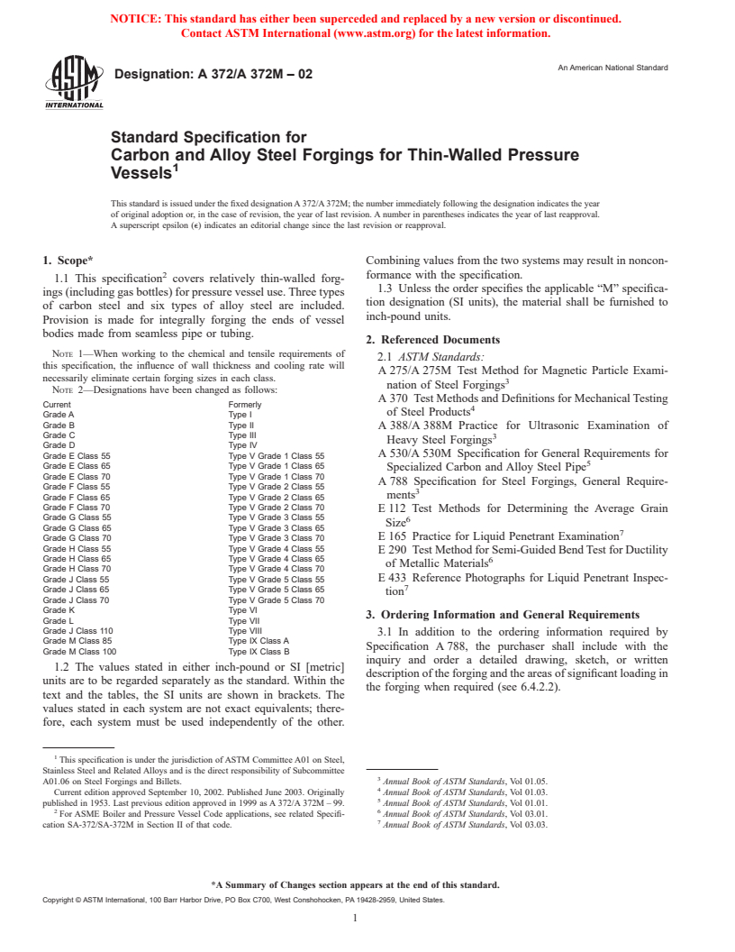 ASTM A372/A372M-02 - Standard Specification for Carbon and Alloy Steel Forgings for Thin-Walled Pressure Vessels