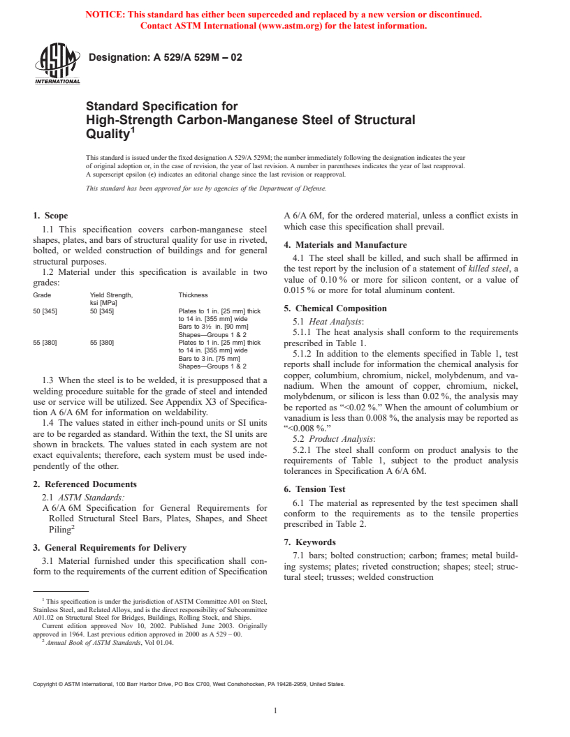 ASTM A529/A529M-02 - Standard Specification for High-Strength Carbon-Manganese Steel of Structural Quality