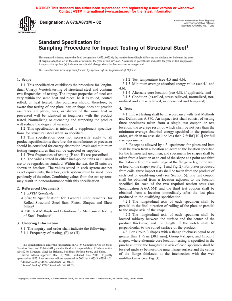 ASTM A673/A673M-02 - Standard Specification for Sampling Procedure for Impact Testing of Structural Steel