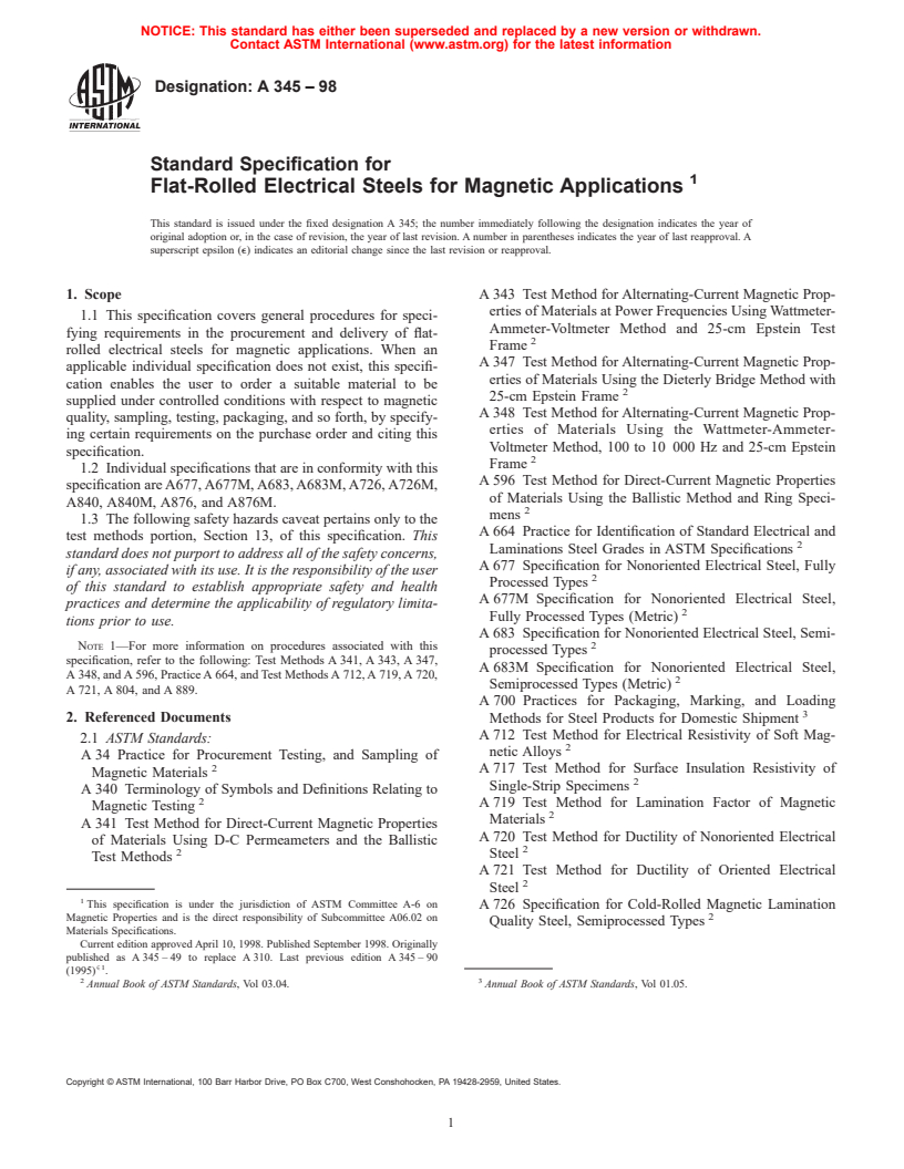 ASTM A345-98 - Standard Specification for Flat-Rolled Electrical Steels for Magnetic Applications