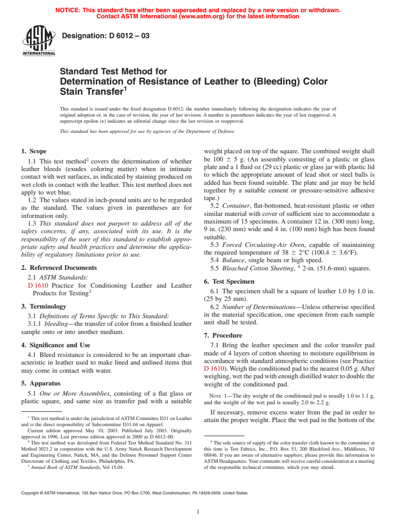 ASTM D6012-03 - Standard Test Method for Determination of Resistance of  Leather to (Bleeding) Color Stain Transfer