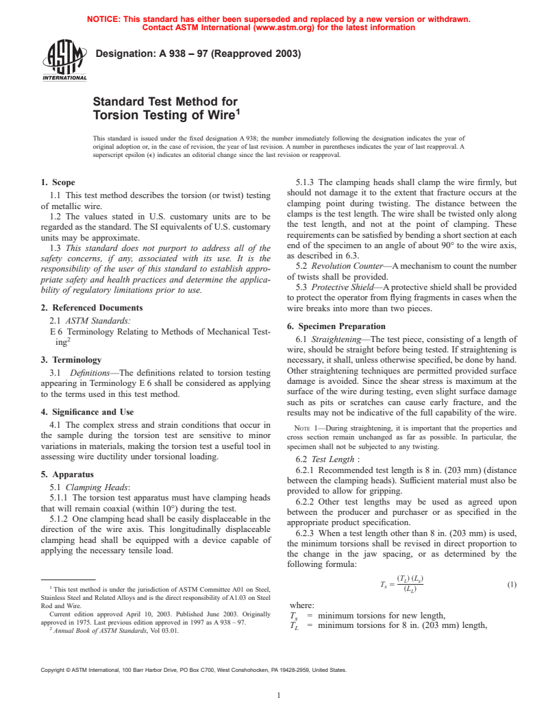 ASTM A938-97(2003) - Standard Test Method for Torsion Testing of Wire