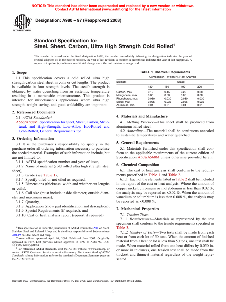 ASTM A980-97(2003) - Standard Specification for Steel, Sheet, Carbon, Ultra High Strength Cold Rolled