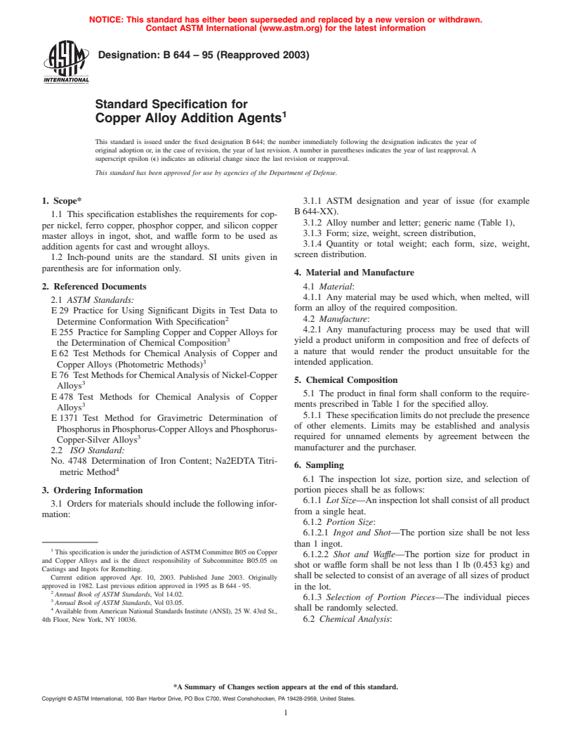 ASTM B644-95(2003) - Standard Specification for Copper Alloy Addition Agents