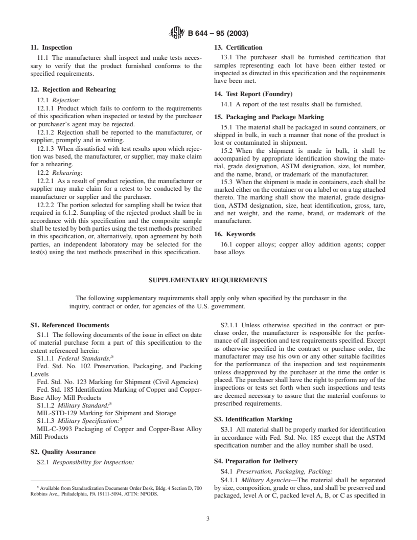 ASTM B644-95(2003) - Standard Specification for Copper Alloy Addition Agents