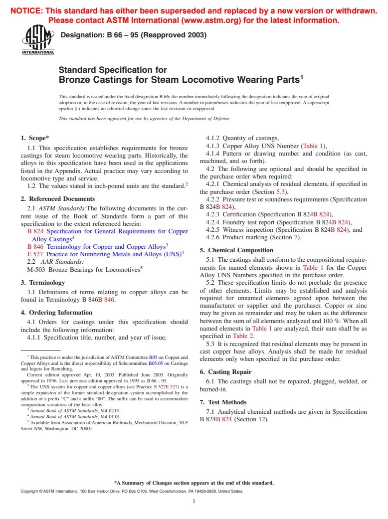 ASTM B66-95(2003) - Standard Specification for Bronze Castings for Steam Locomotive Wearing Parts