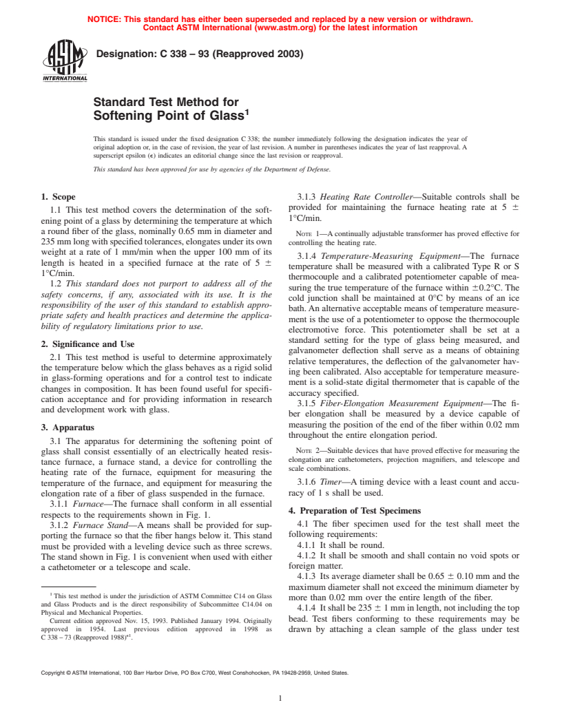ASTM C338-93(2003) - Standard Test Method for Softening Point of Glass