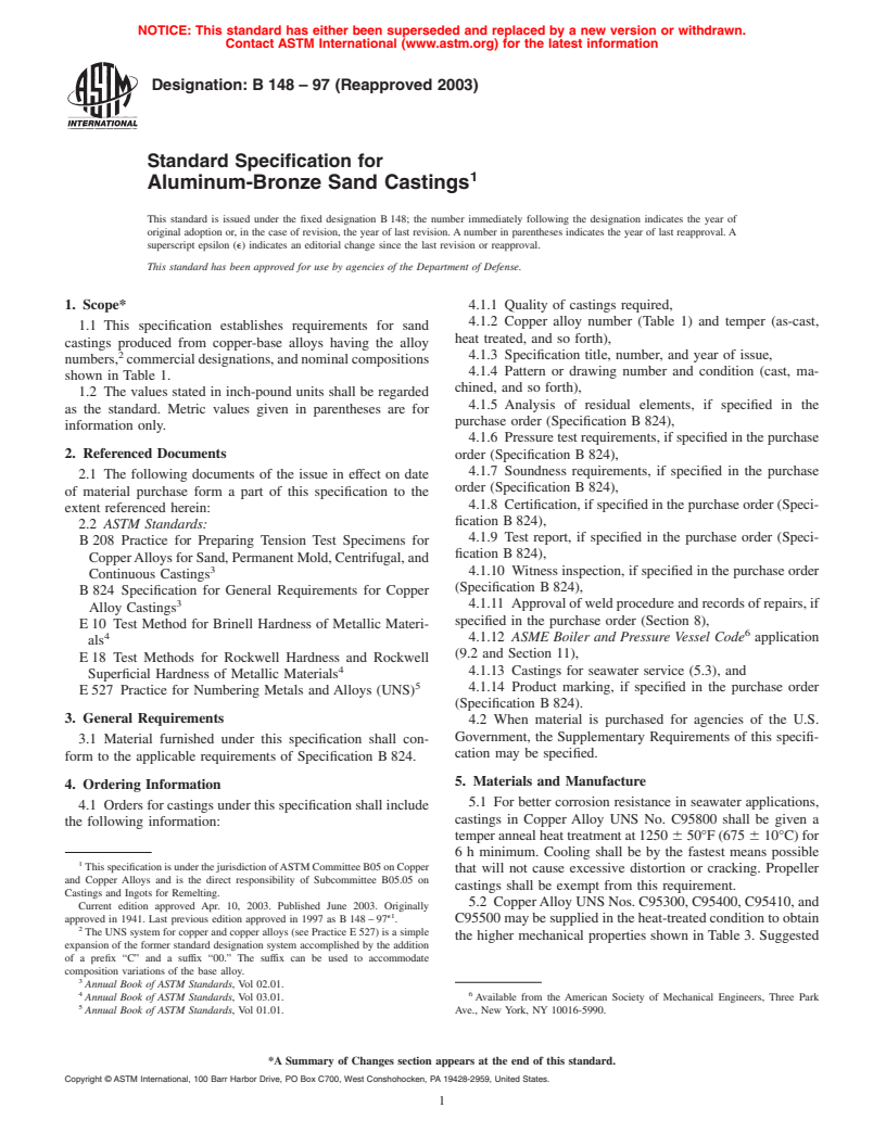 ASTM B148-97(2003) - Standard Specification for Aluminum-Bronze Sand Castings