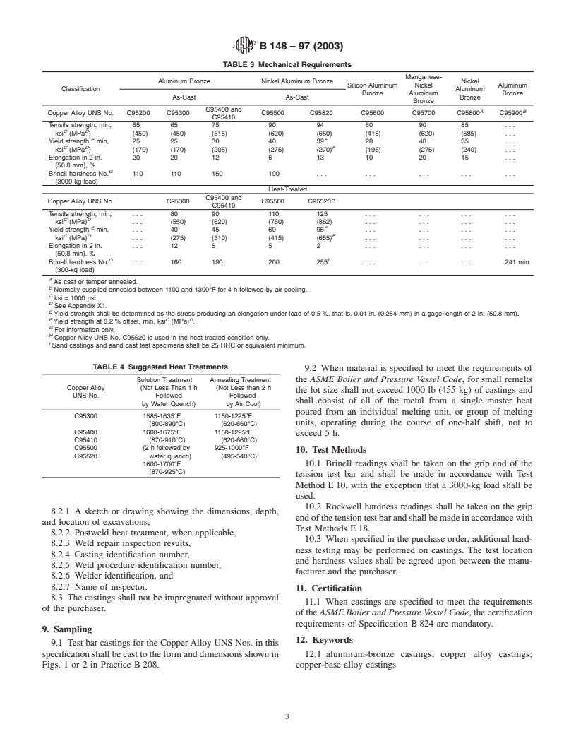 ASTM B148-97(2003) - Standard Specification for Aluminum-Bronze Sand Castings