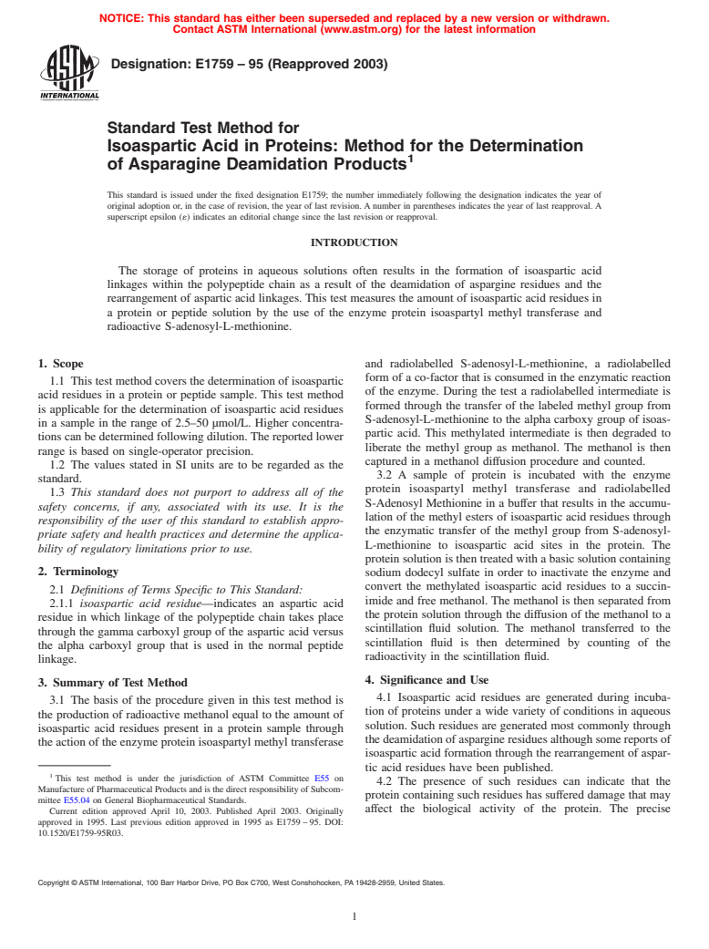 ASTM E1759-95(2003) - Standard Test Method for Isoaspartic Acid in Proteins:  Method for the Determination of Asparagine Deamidation Products (Withdrawn 2003)