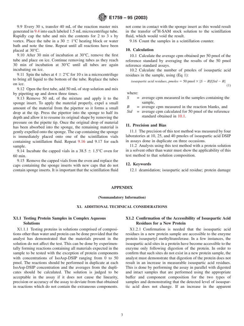 ASTM E1759-95(2003) - Standard Test Method for Isoaspartic Acid in Proteins:  Method for the Determination of Asparagine Deamidation Products (Withdrawn 2003)