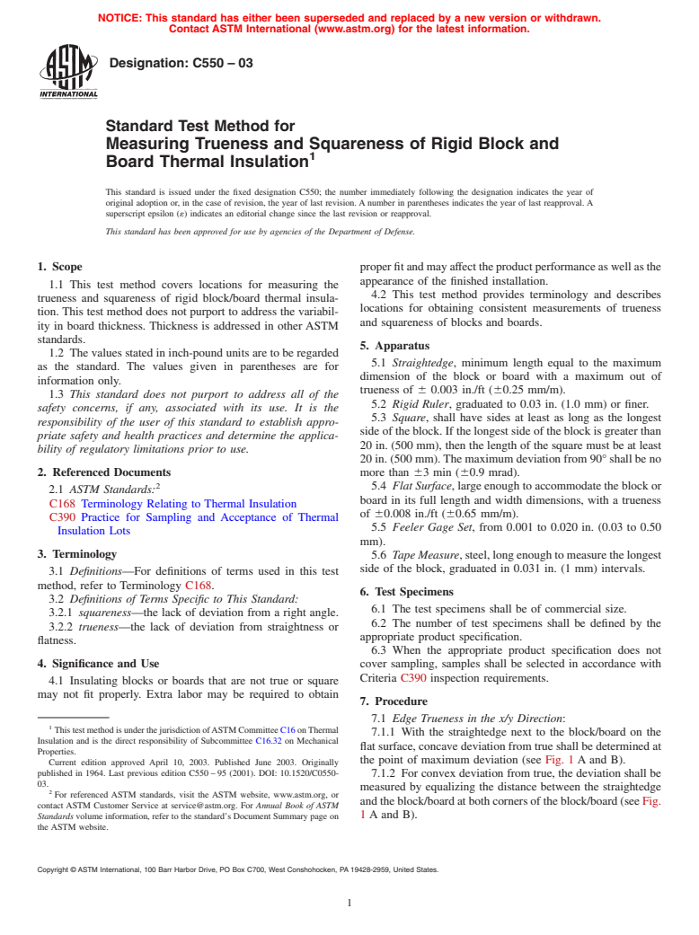 ASTM C550-03 - Standard Test Method for Measuring Trueness and Squareness of Rigid Block and Board Thermal Insulation