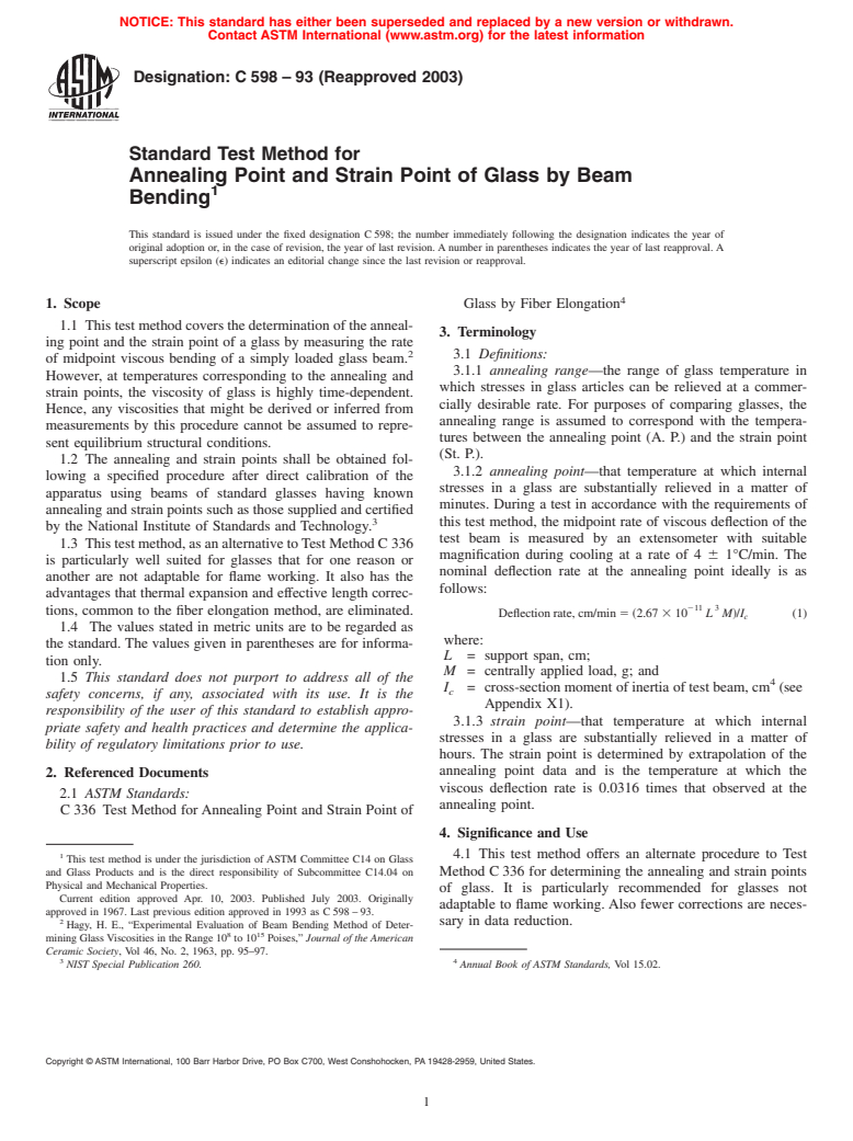ASTM C598-93(2003) - Standard Test Method for Annealing Point and Strain Point of Glass by Beam Bending
