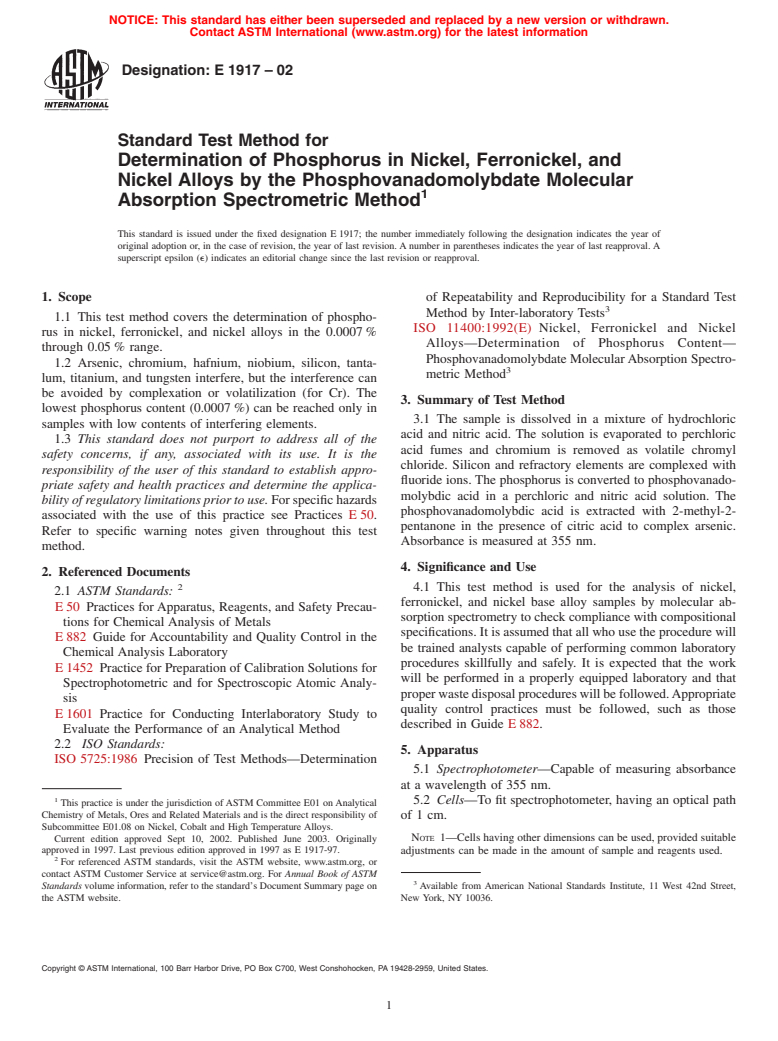 ASTM E1917-02 - Standard Test Method for Determination of Phosphorous in Nickel, Ferronickel, and Nickel Alloys by the Phosphovanadomolybdate Molecular Absorption Spectrometric Method