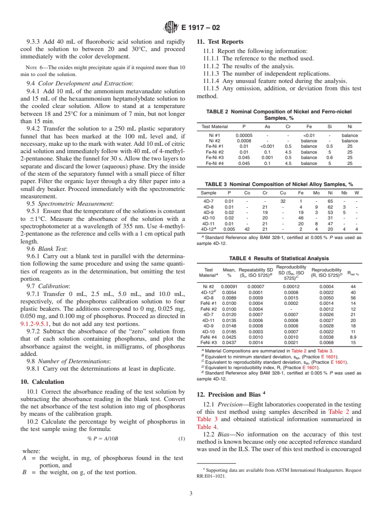 ASTM E1917-02 - Standard Test Method for Determination of Phosphorous in Nickel, Ferronickel, and Nickel Alloys by the Phosphovanadomolybdate Molecular Absorption Spectrometric Method