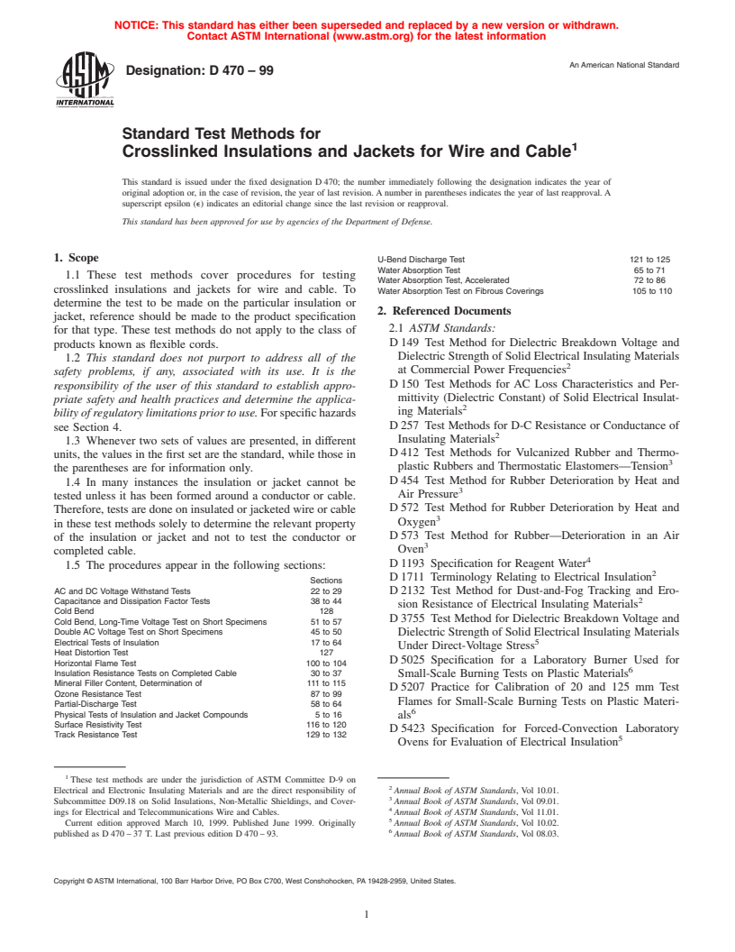 ASTM D470-99 - Standard Test Methods for Crosslinked Insulations and Jackets for Wire and Cable