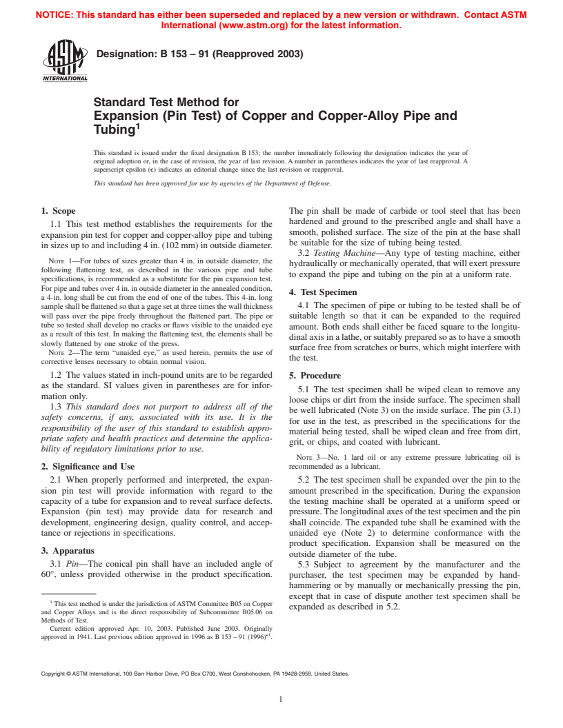 ASTM B153-91(2003) - Standard Test Method for Expansion (Pin Test) of Copper and Copper-Alloy Pipe and Tubing