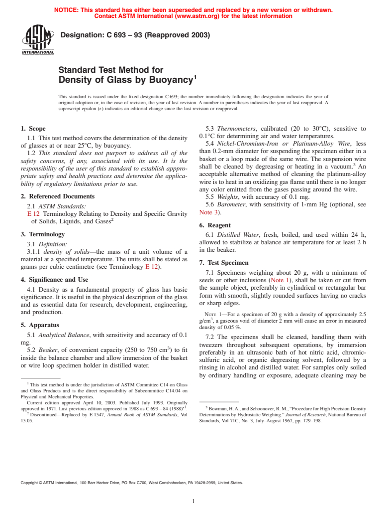 ASTM C693-93(2003) - Standard Test Method for Density of Glass by Buoyancy