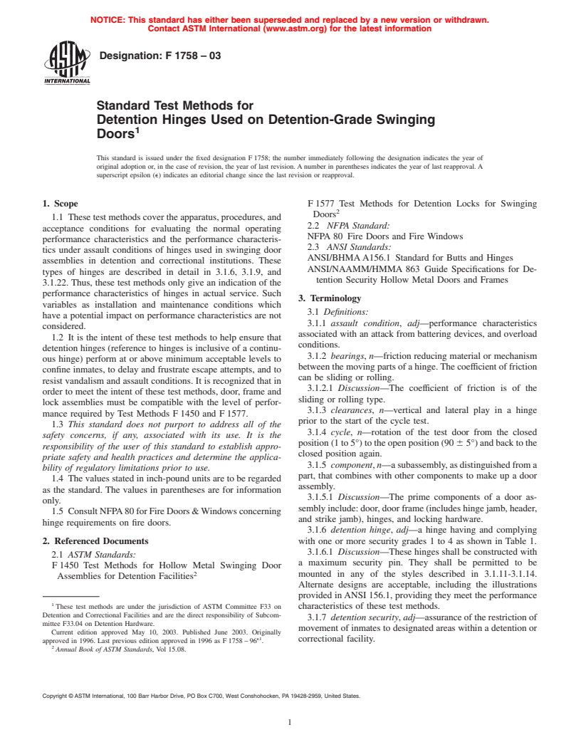 ASTM F1758-03 - Standard Test Methods for Detention Hinges Used on Detention-Grade Swinging Doors