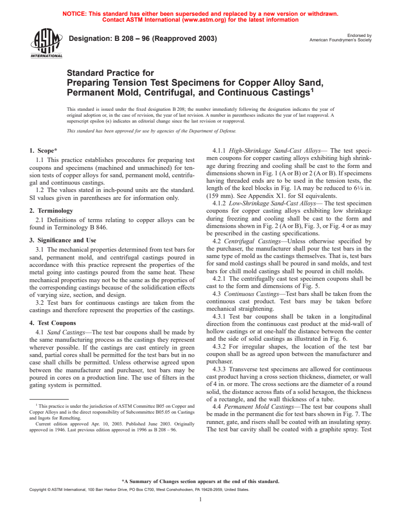 ASTM B208-96(2003) - Standard Practice for Preparing Tension Test Specimens for Copper Alloy Sand, Permanent Mold, Centrifugal, and Continuous Castings