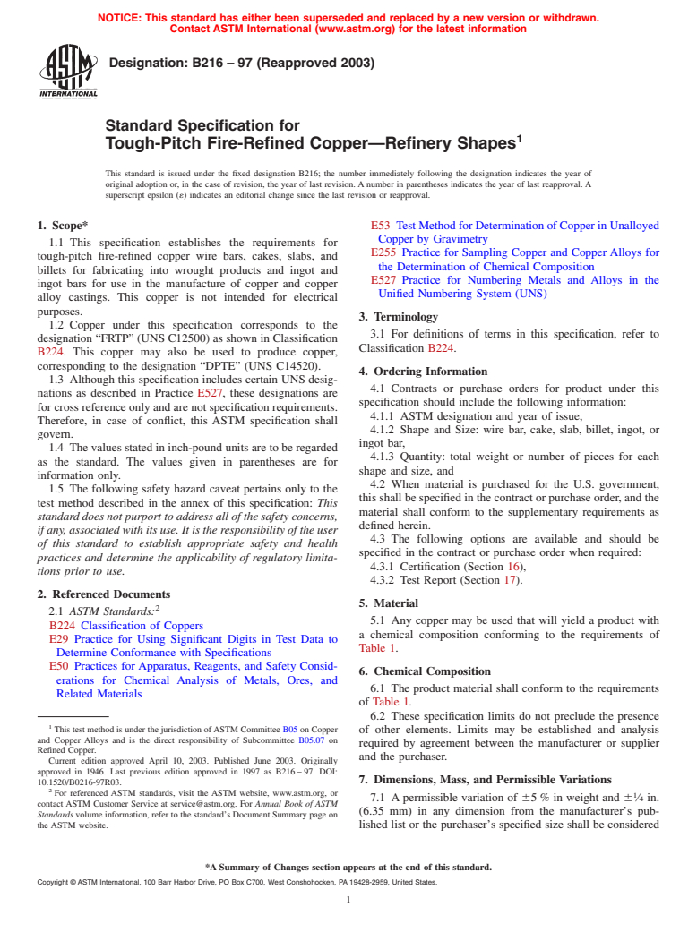 ASTM B216-97(2003) - Standard Specification for Tough-Pitch Fire-Refined Copper&#8212;Refinery Shapes