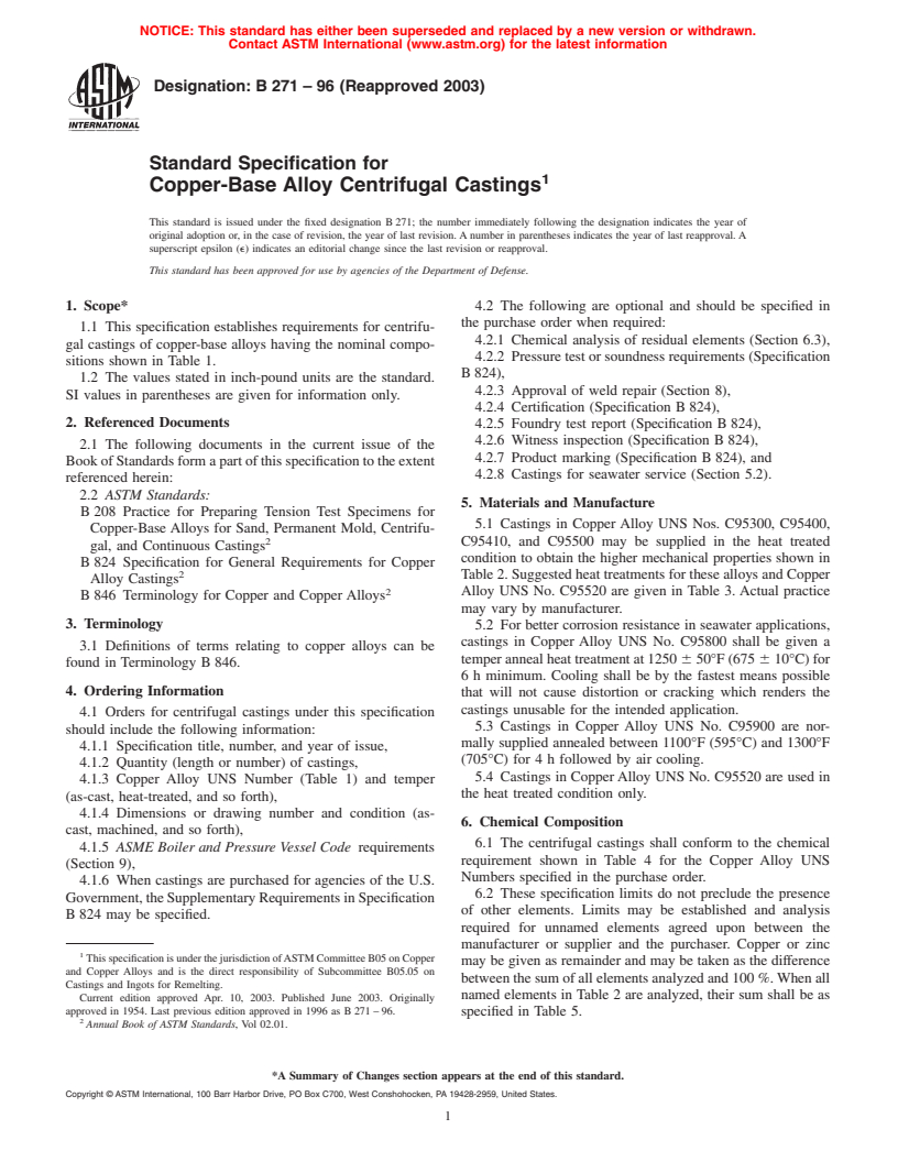 ASTM B271-96(2003) - Standard Specification for Copper-Base Alloy Centrifugal Castings