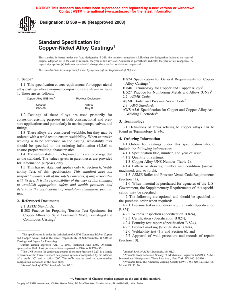 ASTM B369-96(2003) - Standard Specification for Copper-Nickel Alloy Castings