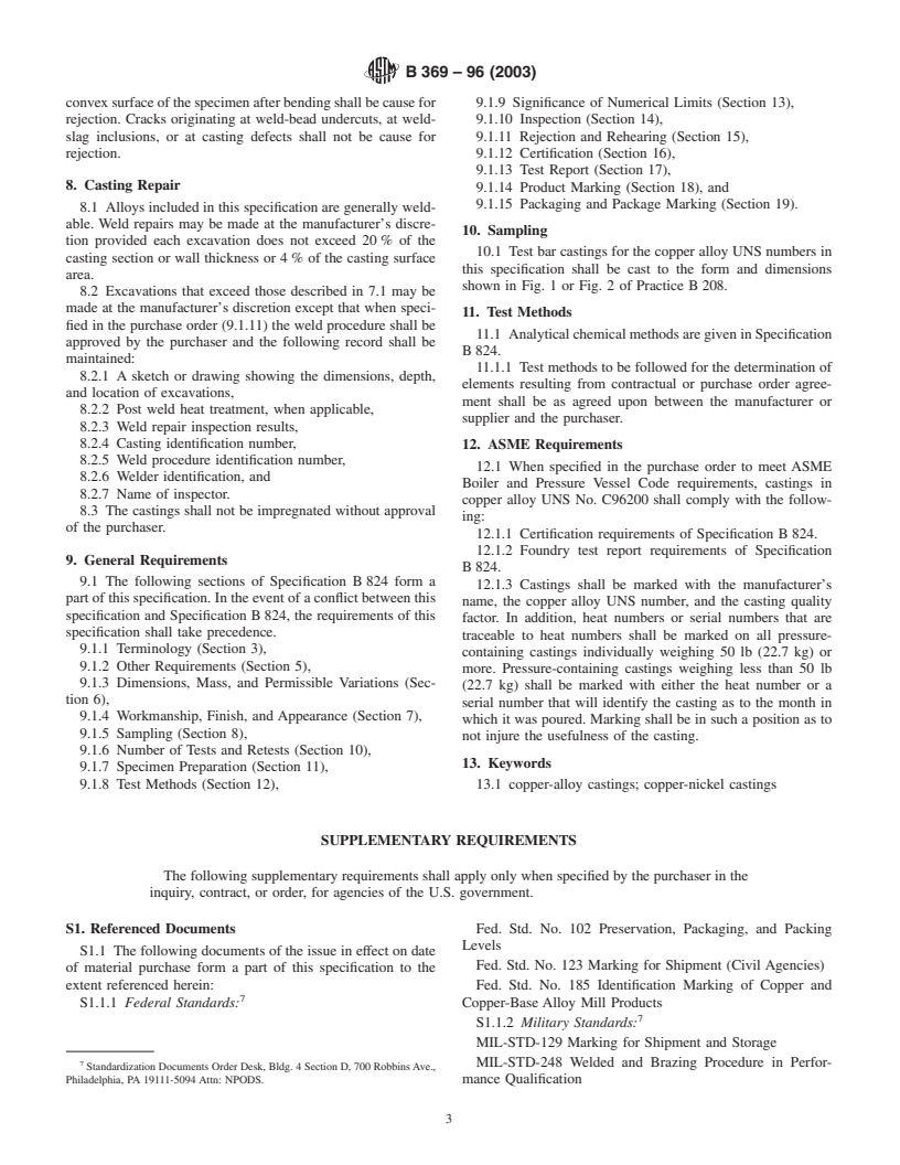 ASTM B369-96(2003) - Standard Specification for Copper-Nickel Alloy Castings