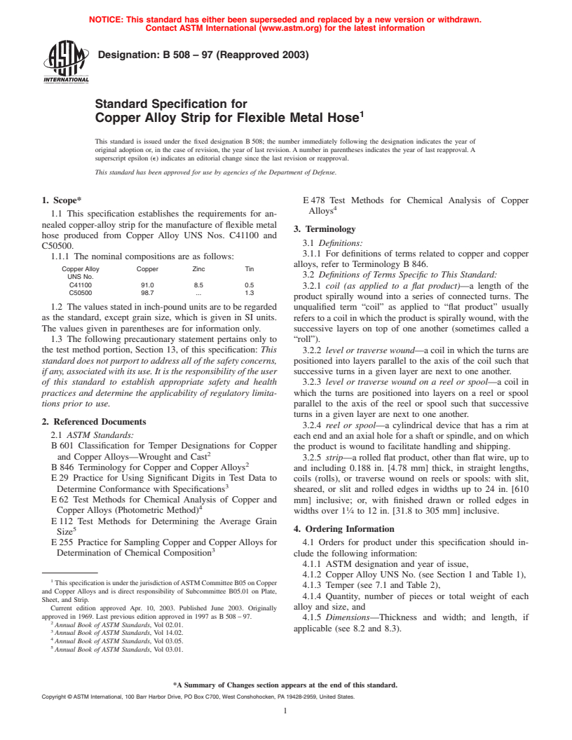 ASTM B508-97(2003) - Standard Specification for Copper Alloy Strip for Flexible Metal Hose