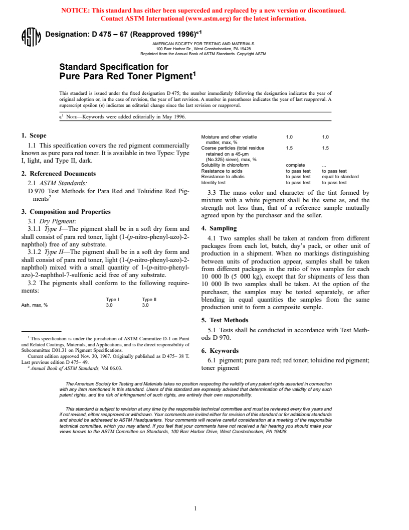 ASTM D475-67(1996)e1 - Standard Specification for Pure Para Red Toner Pigment (Withdrawn 2003)