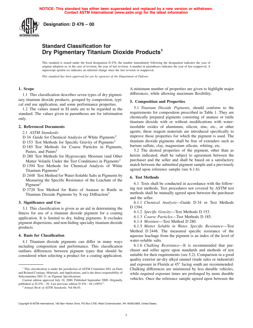 ASTM D476-00 - Standard Classification for Dry Pigmentary Titanium Dioxide Products