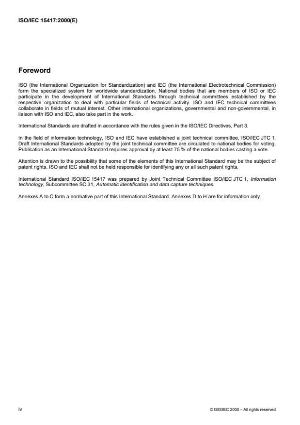 ISO/IEC 15417:2000 ISO/IEC 15417:2000 - Information technology -- Automatic identification and data capture techniques -- Bar code symbology specification -- Code 128 - Page 4 preview