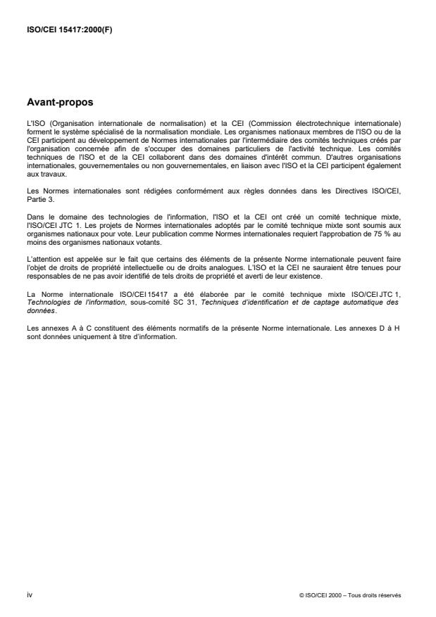 ISO/IEC 15417:2000 ISO/IEC 15417:2000 - Technologies de l'information -- Techniques automatiques d'identification et de capture des données -- Spécifications pour les symboles des codes a barres -- Code 128 - Page 4 preview