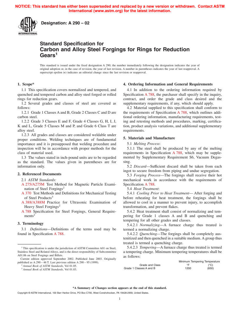 ASTM A290-02 - Standard Specification for Carbon and Alloy Steel Forgings for Rings for Reduction Gears