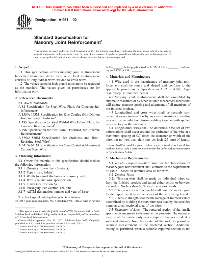 ASTM A951-02 - Standard Specification for Masonry Joint Reinforcement