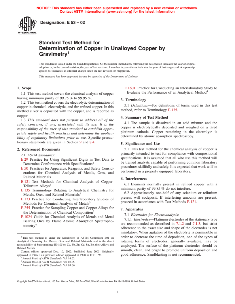 ASTM E53-02 - Standard Test Method for Determination of Copper in Unalloyed Copper by Gravimetry