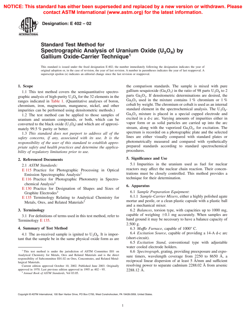 ASTM E402-02 - Standard Test Method for Spectrographic Analysis of Uranium Oxide (U<sub>3</sub>O<sub>8</sub>)by Gallium Oxide-Carrier Technique (Withdrawn 2007)