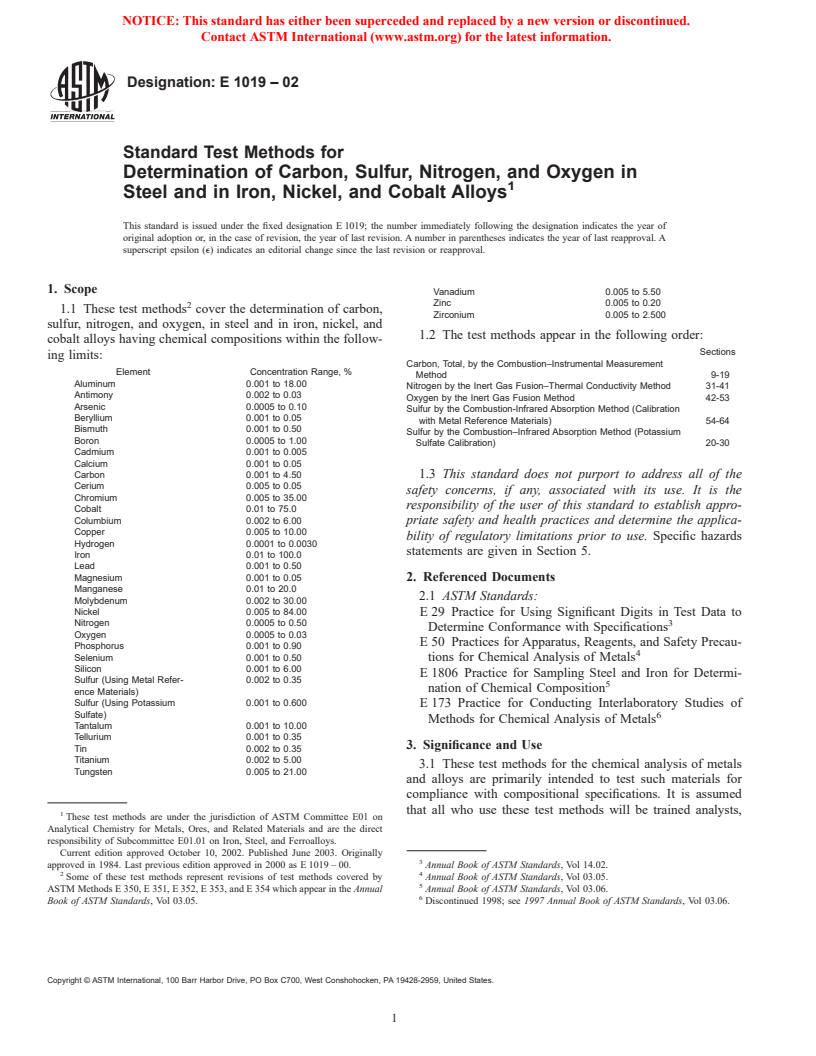 ASTM E1019-02 - Standard Test Methods for Determination of Carbon, Sulfur, Nitrogen, and Oxygen in Steel and in Iron, Nickel, and Cobalt Alloys