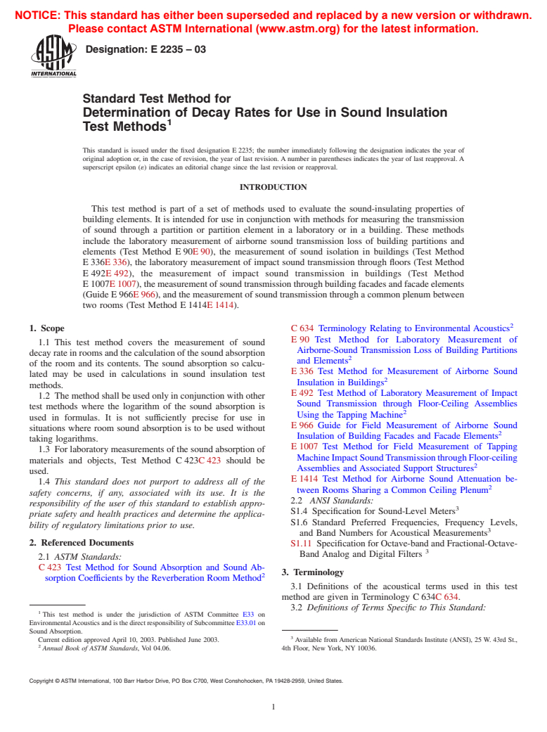 ASTM E2235-03 - Standard Test Method for Determination of Decay Rates for Use in Sound Insulation Test Methods