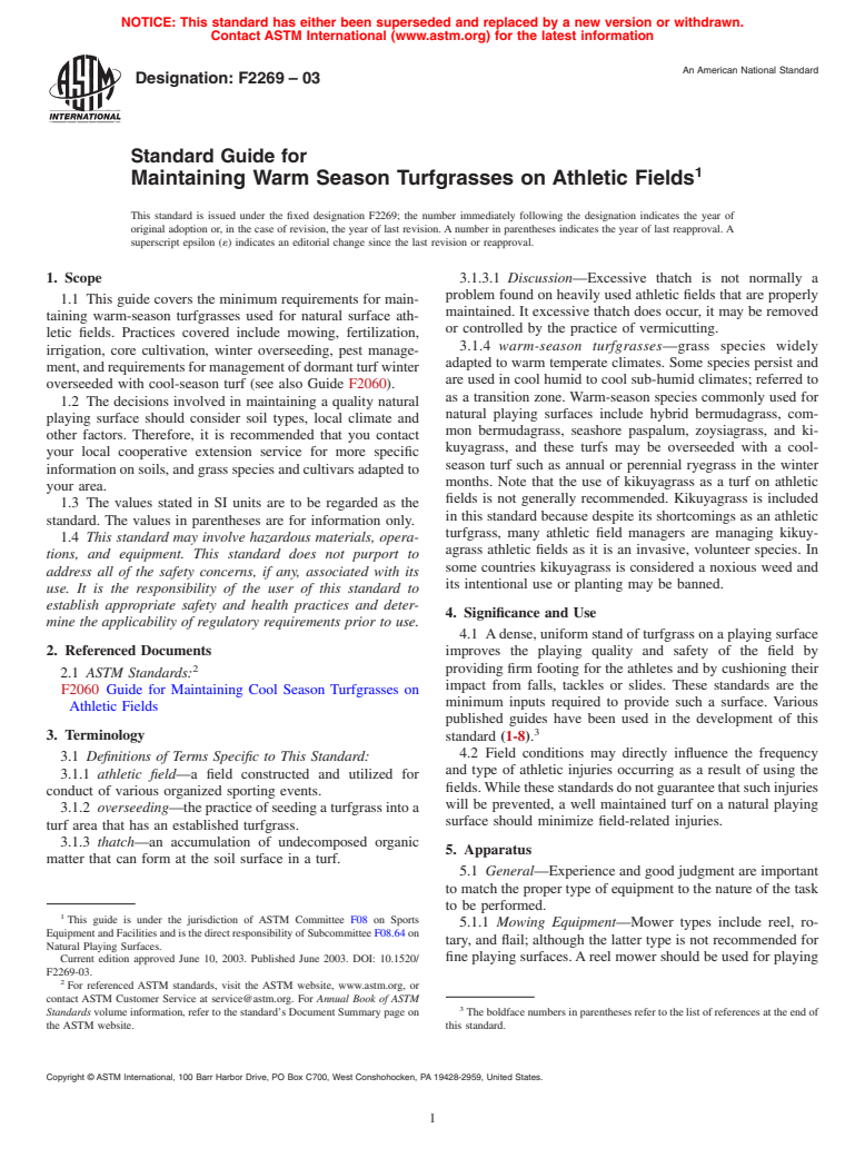 ASTM F2269-03 - Standard Guide for Maintaining Warm Season Turfgrasses on Athletic Fields