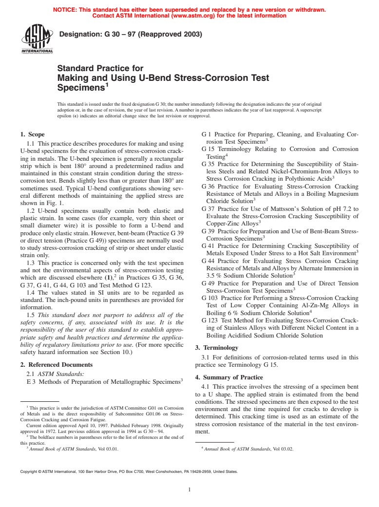ASTM G30-97(2003) - Standard Practice for Making and Using U-Bend Stress-Corrosion Test Specimens