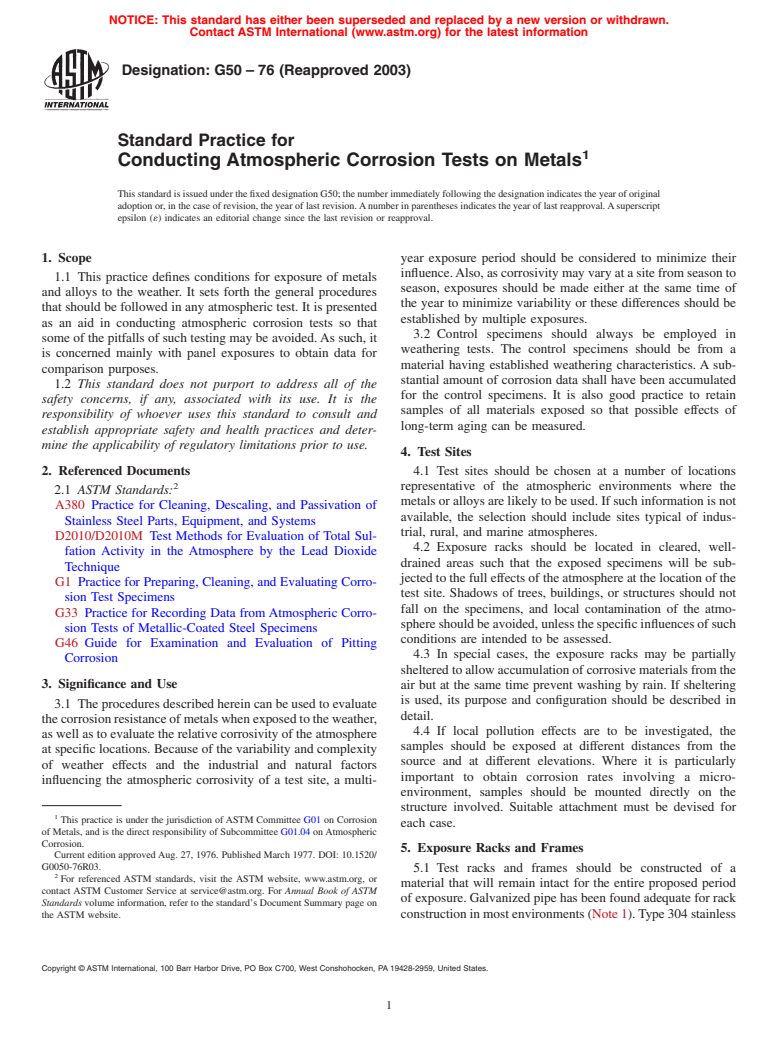 ASTM G50-76(2003) - Standard Practice for Conducting Atmospheric Corrosion Tests on Metals