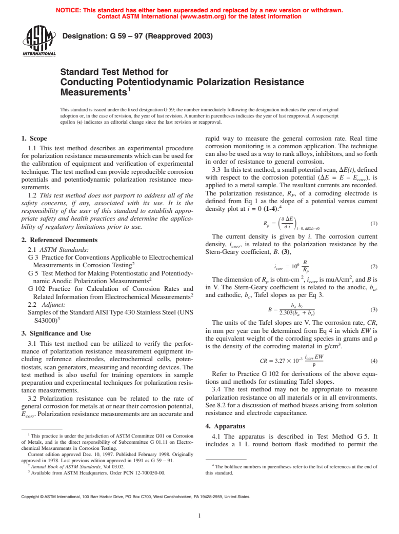 ASTM G59-97(2003) - Standard Test Method for Conducting Potentiodynamic Polarization Resistance Measurements