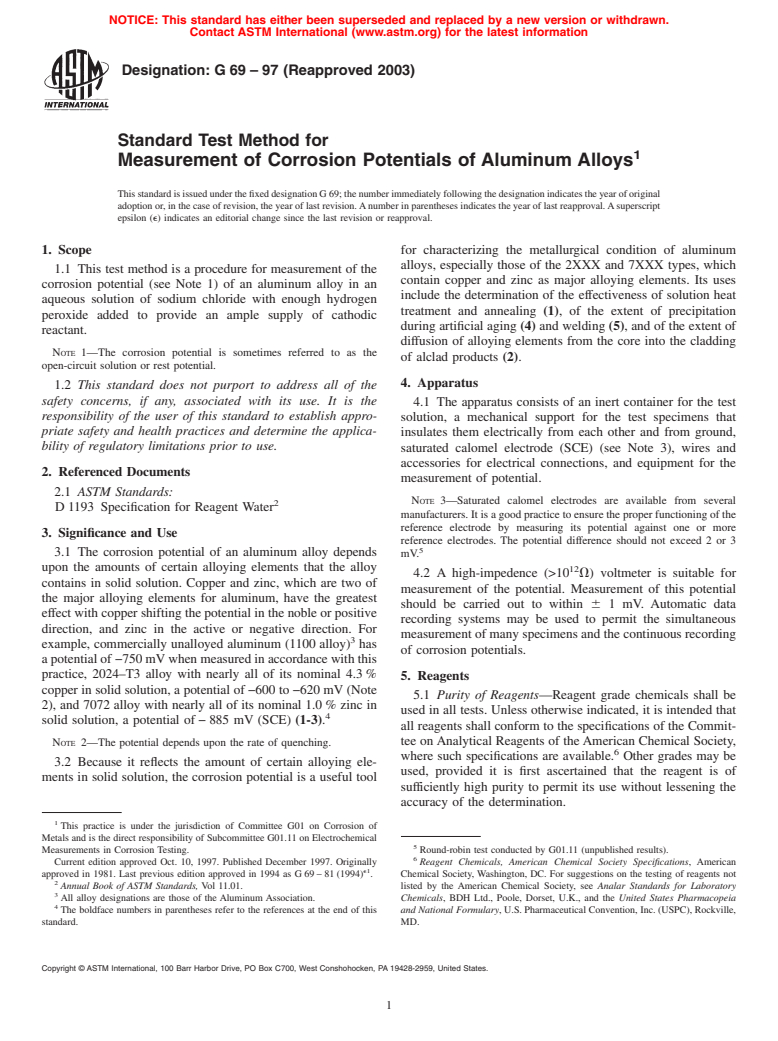 ASTM G69-97(2003) - Standard Test Method for Measurement of Corrosion Potentials of Aluminum Alloys