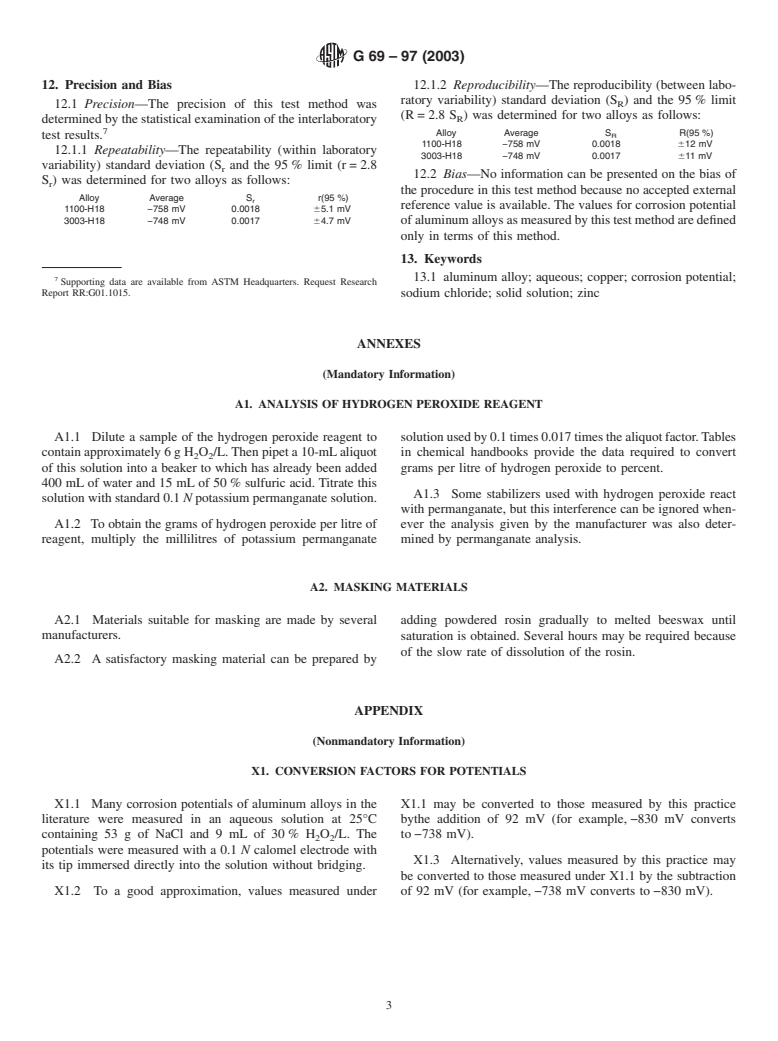 ASTM G69-97(2003) - Standard Test Method for Measurement of Corrosion Potentials of Aluminum Alloys