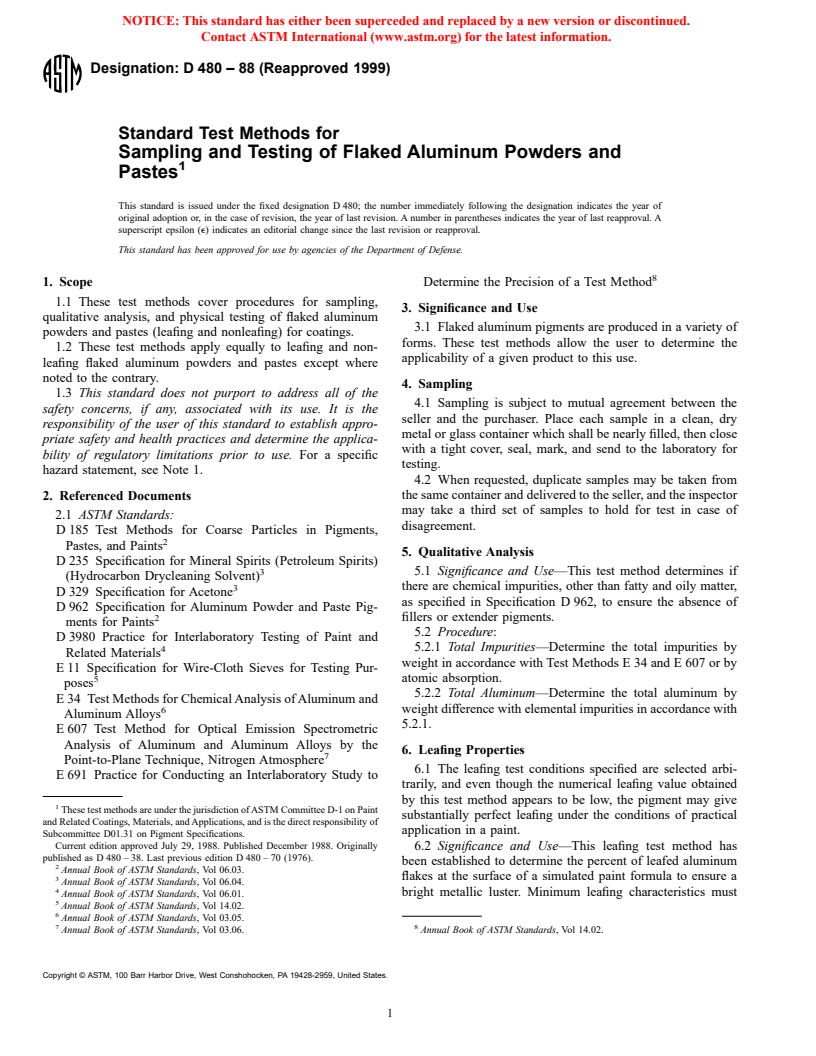 ASTM D480-88(1999) - Standard Test Methods for Sampling and Testing of Flaked Aluminum Powders and Pastes