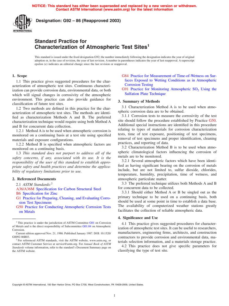 ASTM G92-86(2003) - Standard Practice for Characterization of Atmospheric Test Sites