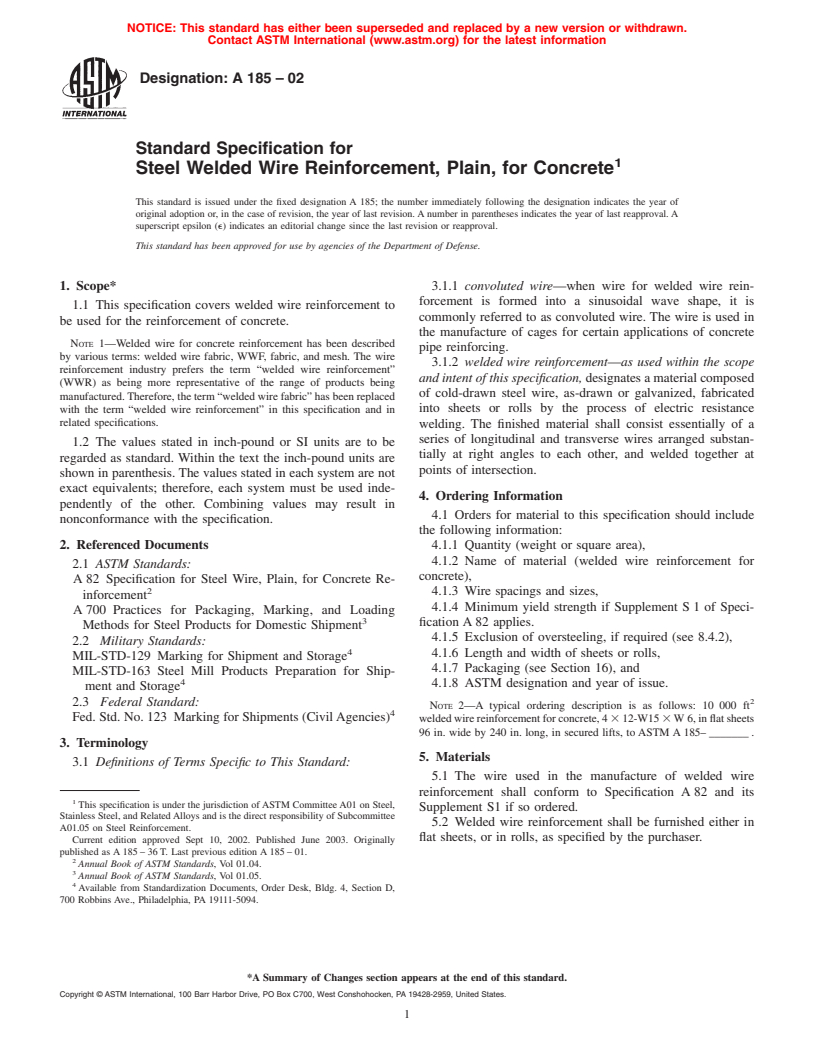 ASTM A185-02 - Standard Specification for Steel Welded Wire Reinforcement, Plain, for Concrete