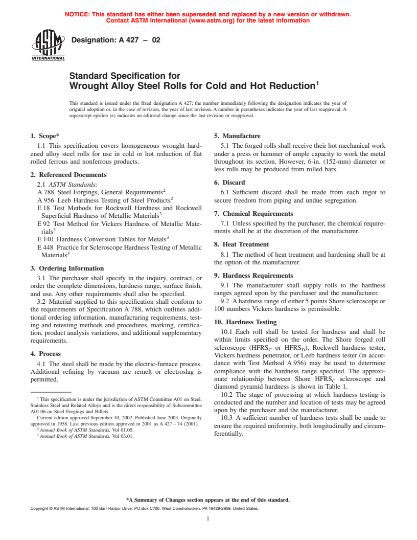 ASTM A427-02 - Standard Specification for Wrought Alloy Steel Rolls for Cold and Hot Reduction