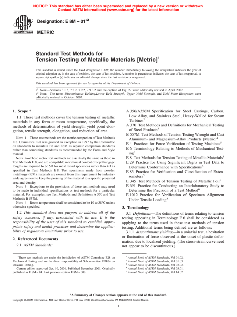 ASTM E8M-01e2 - Standard Test Methods for Tension Testing of Metallic Materials [Metric]